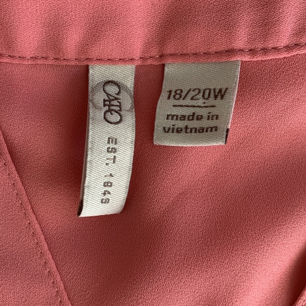 CATO Women’s PLUS Blouse Coral Split Neck‎ Button Sleeve High/Low Hem 18/20W - Picture 8 of 14